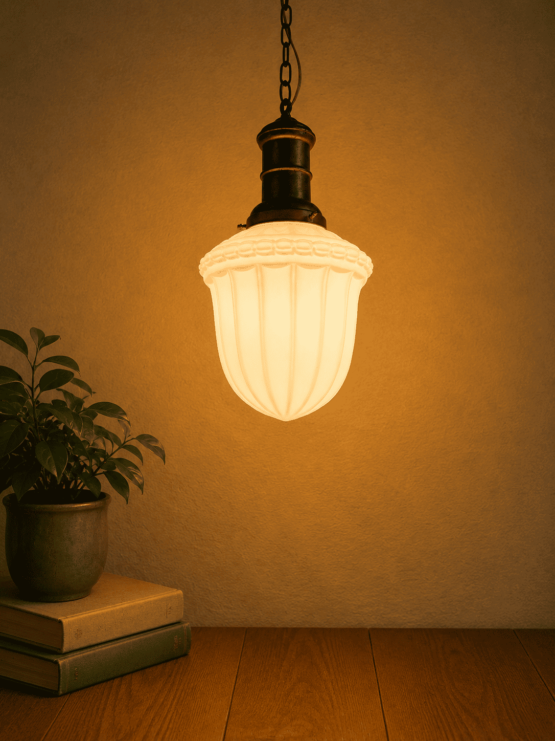 Art Deco hanglamp met geribbelde melkglazen kap